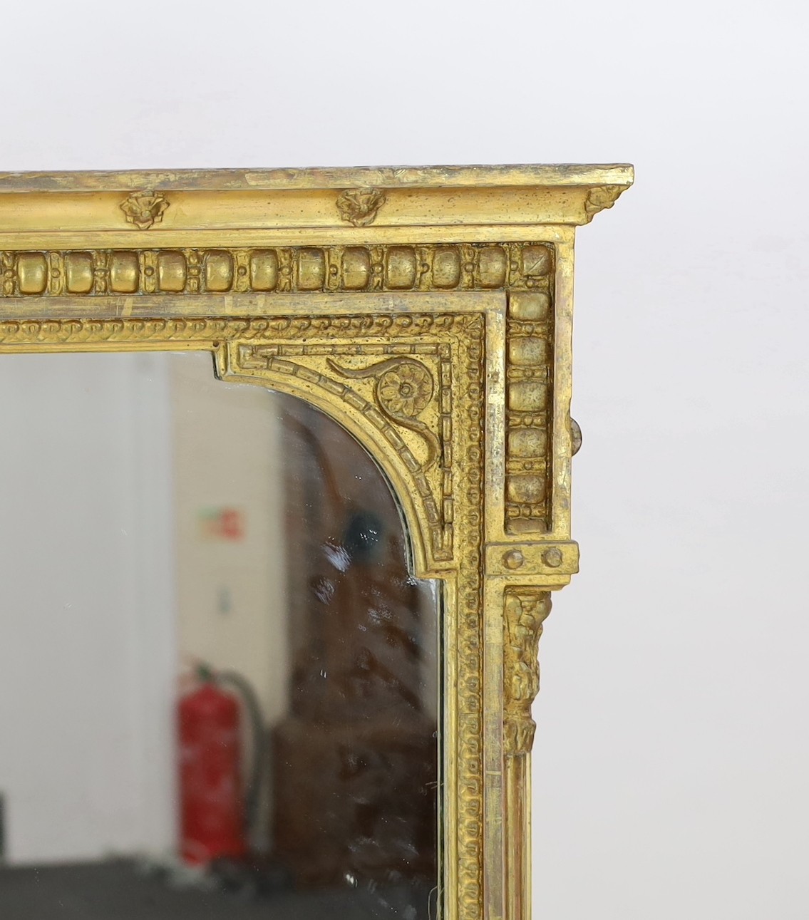 A Victorian giltwood and gesso overmantel mirror, W.148cm H.173cm